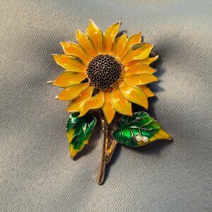 Sunflower Brooch Yellow Enamel Floral Pin 2.25”